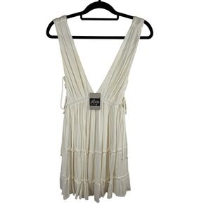 Pitaya Cream Boho Deep V-Neck Tiered Mini Dress with Lace-Up Sides‎ M FairyCore